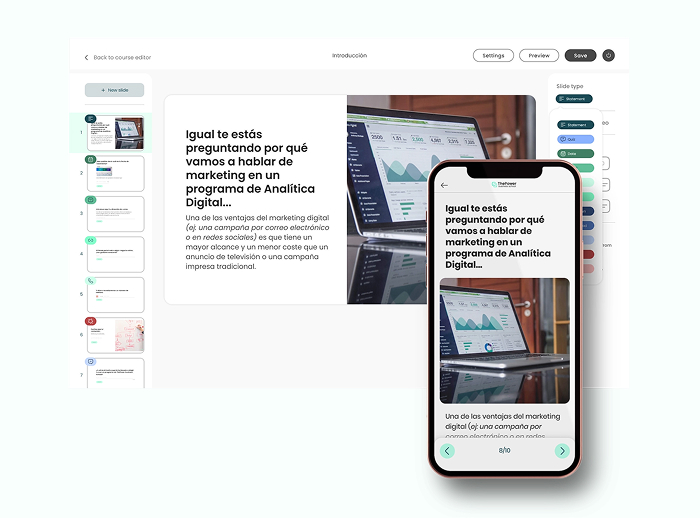 Editor de PowerLearn en formato presentación y vista del alumno